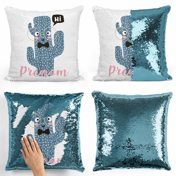 coussin pillow mermaid à sequin magique enfant reversible et personnalisable avec motif cactus de couleur bleu clair