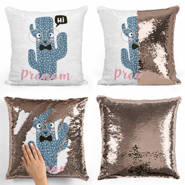 coussin pillow mermaid à sequin magique enfant reversible et personnalisable avec motif cactus de couleur champagne