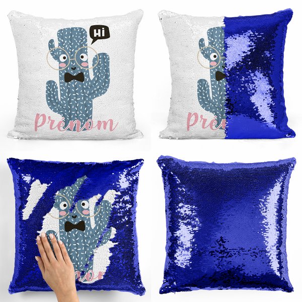 coussin pillow mermaid à sequin magique enfant reversible et personnalisable avec motif cactus de couleur bleu foncé
