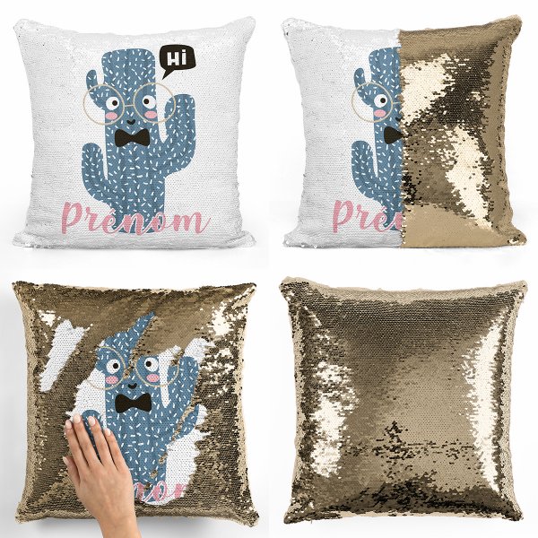 coussin pillow mermaid à sequin magique enfant reversible et personnalisable avec motif cactus de couleur or doré