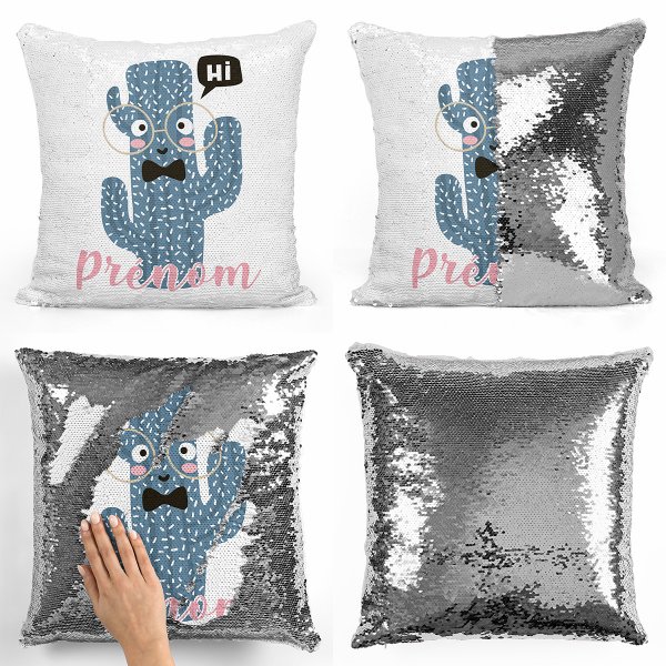 coussin pillow mermaid à sequin magique enfant reversible et personnalisable avec motif cactus de couleur argent