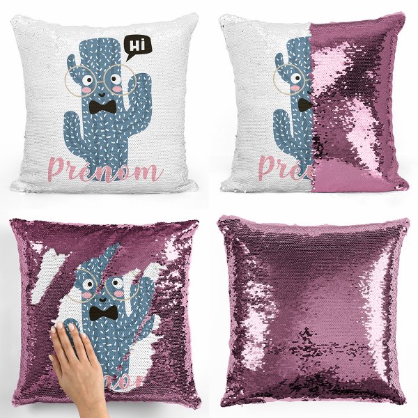 coussin pillow mermaid à sequin magique enfant reversible et personnalisable avec motif cactus de couleur rose clair
