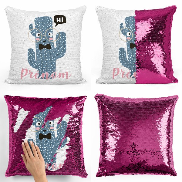 coussin pillow mermaid à sequin magique enfant reversible et personnalisable avec motif cactus de couleur fushia