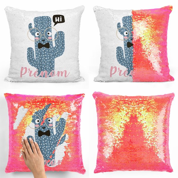 coussin pillow mermaid à sequin magique enfant reversible et personnalisable avec motif cactus de couleur orange nacré