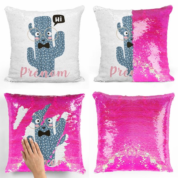 coussin pillow mermaid à sequin magique enfant reversible et personnalisable avec motif cactus de couleur rose clair