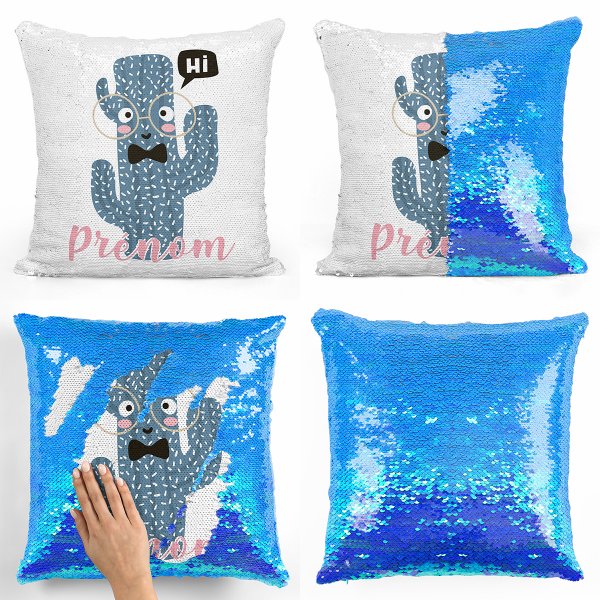 coussin pillow mermaid à sequin magique enfant reversible et personnalisable avec motif cactus de couleur bleu clair