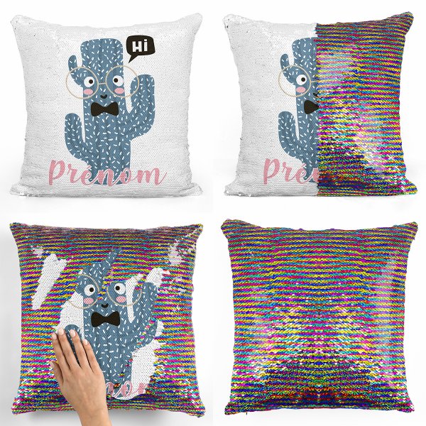 coussin pillow mermaid à sequin magique enfant reversible et personnalisable avec motif cactus de couleur multicolore