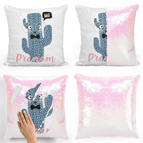 coussin pillow mermaid à sequin magique enfant reversible et personnalisable avec motif cactus de couleur blanc nacré