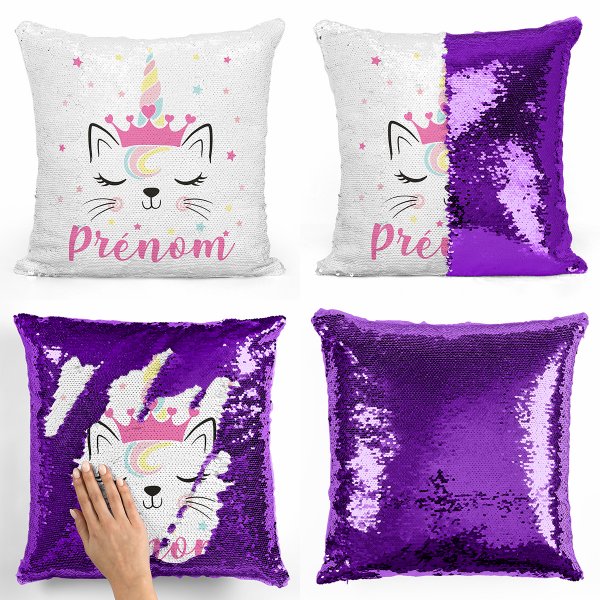 coussin pillow mermaid à sequin magique enfant reversible et personnalisable avec motif chat licorne de couleur violet