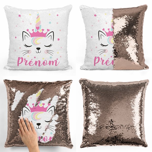 coussin pillow mermaid à sequin magique enfant reversible et personnalisable avec motif chat licorne de couleur champagne