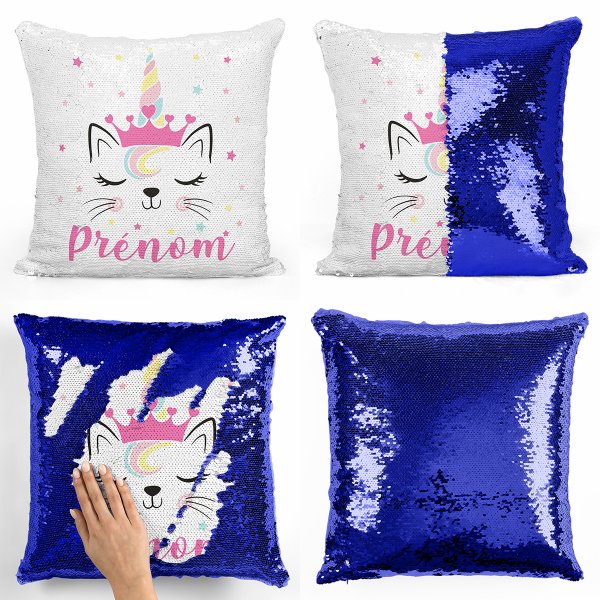 coussin pillow mermaid à sequin magique enfant reversible et personnalisable avec motif chat licorne de couleur bleu foncé