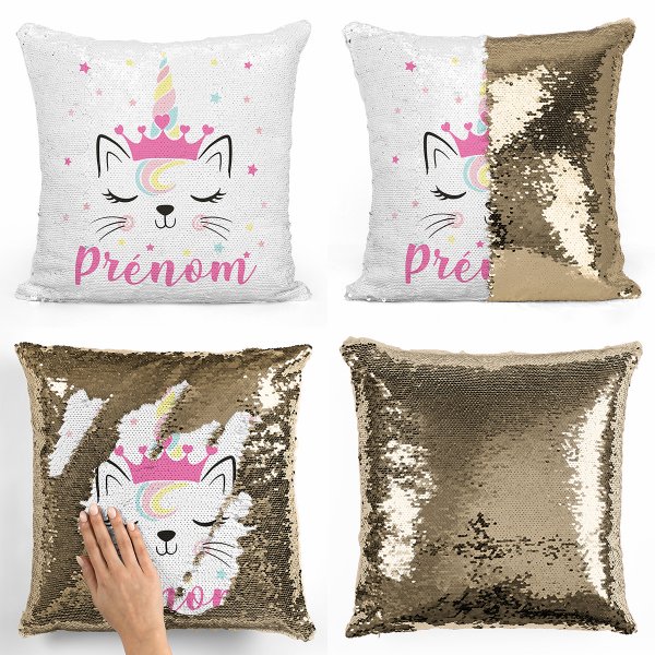 coussin pillow mermaid à sequin magique enfant reversible et personnalisable avec motif chat licorne de couleur or doré