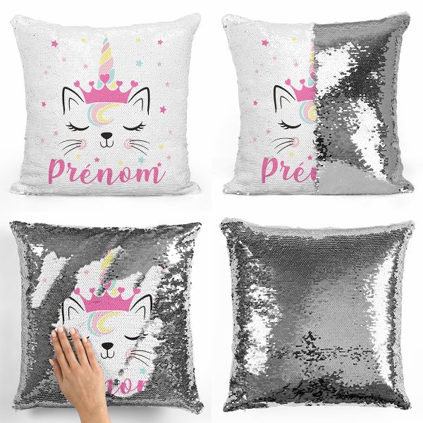 coussin pillow mermaid à sequin magique enfant reversible et personnalisable avec motif chat licorne de couleur argentpillow mermaid à sequin magique reversible et personnalisable avec motif chat licorne de couleur argent