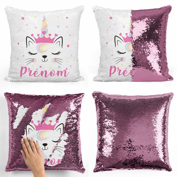 coussin pillow mermaid à sequin magique enfant reversible et personnalisable avec motif chat licorne de couleur rose clair