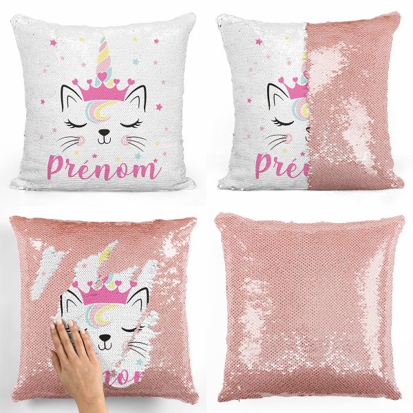 coussin pillow mermaid à sequin magique enfant reversible et personnalisable avec motif chat licorne de couleur saumon