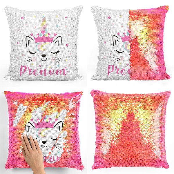 coussin pillow mermaid à sequin magique enfant reversible et personnalisable avec motif chat licorne de couleur orange nacré