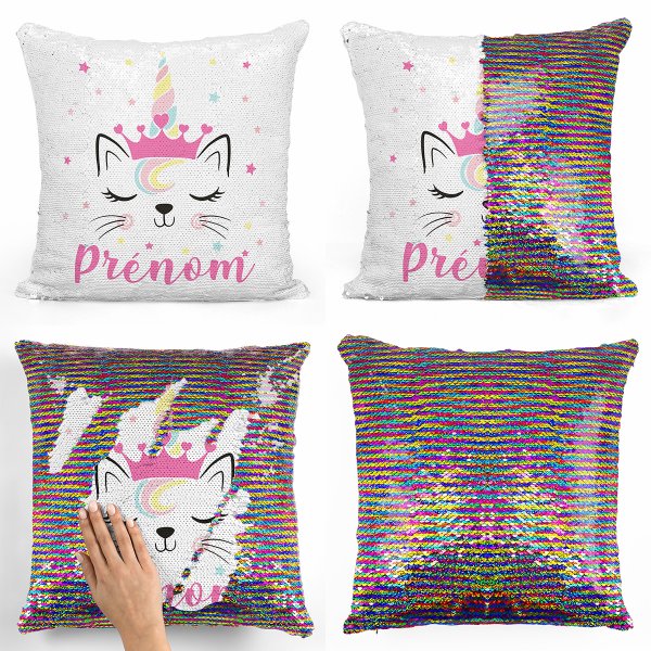 coussin pillow mermaid à sequin magique enfant reversible et personnalisable avec motif chat licorne de couleur multicolore