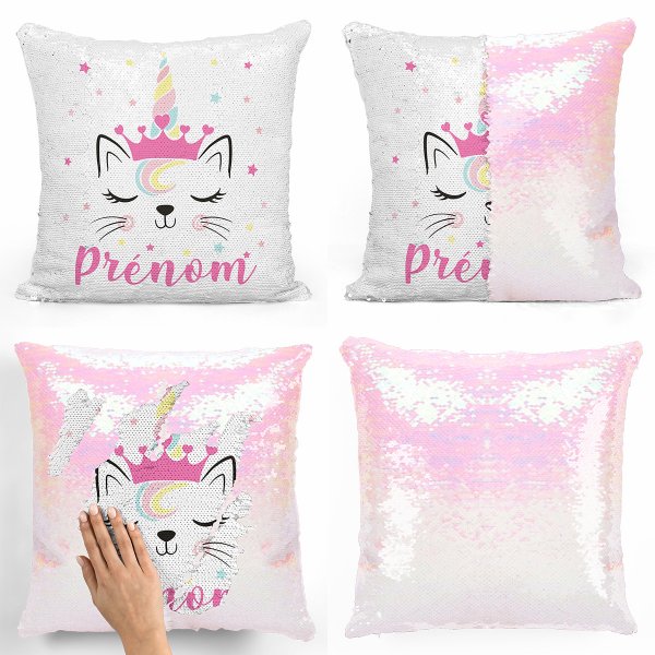 coussin pillow mermaid à sequin magique enfant reversible et personnalisable avec motif chat licorne de couleur blanc nacré