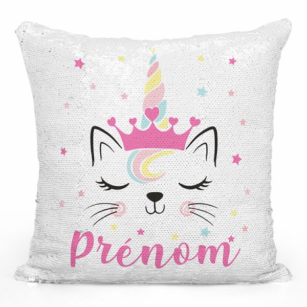 coussin pillow mermaid à sequin magique enfant reversible et personnalisable avec motif chat licorne