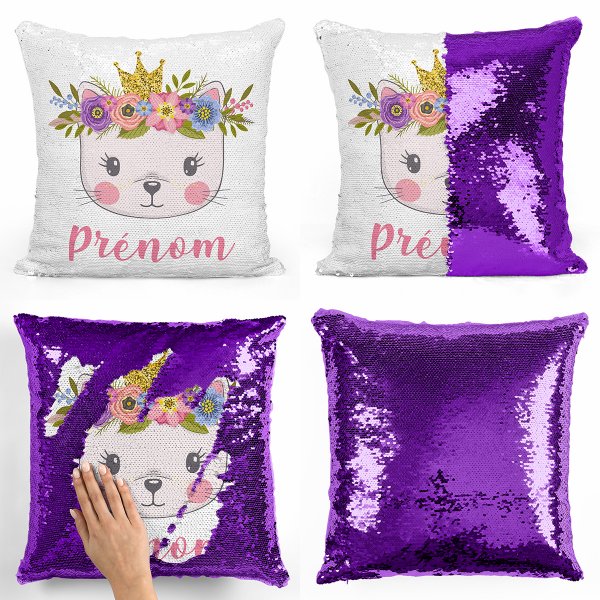 coussin pillow mermaid à sequin magique enfant reversible et personnalisable avec motif chaton princesse de couleur violet
