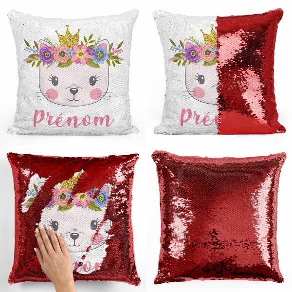 coussin pillow mermaid à sequin magique enfant reversible et personnalisable avec motif chaton princesse de couleur rouge