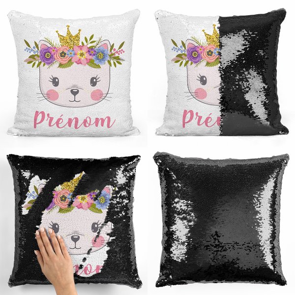 coussin pillow mermaid à sequin magique enfant reversible et personnalisable avec motif chaton princesse de couleur noir