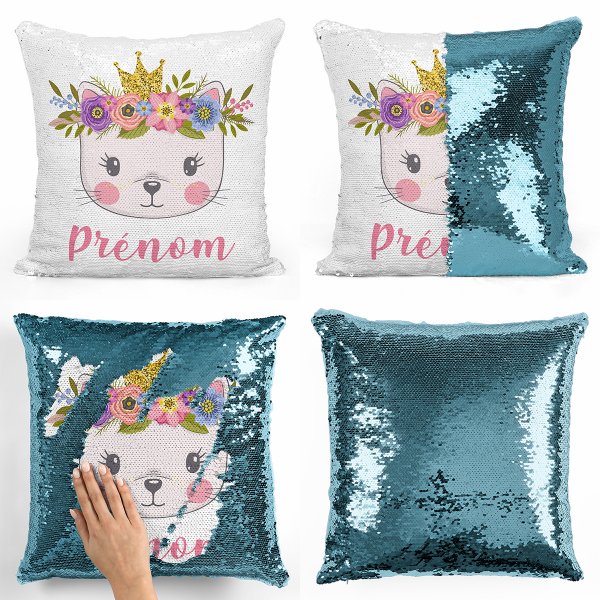 coussin pillow mermaid à sequin magique enfant reversible et personnalisable avec motif chaton princesse de couleur bleu clair