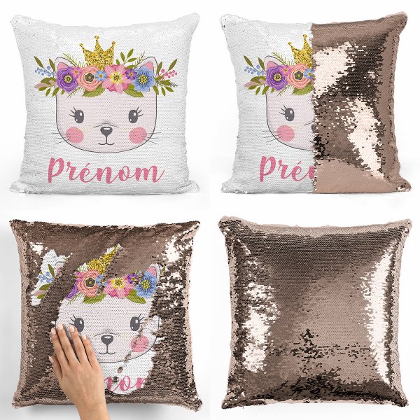 coussin pillow mermaid à sequin magique enfant reversible et personnalisable avec motif chaton princesse de couleur champagne