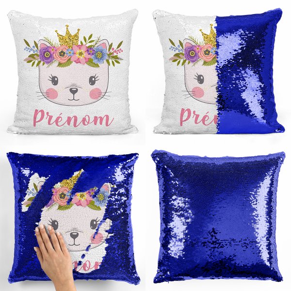 coussin pillow mermaid à sequin magique enfant reversible et personnalisable avec motif chaton princesse de couleur bleu foncé