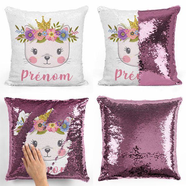 coussin pillow mermaid à sequin magique enfant reversible et personnalisable avec motif chaton princesse de couleur rose clair