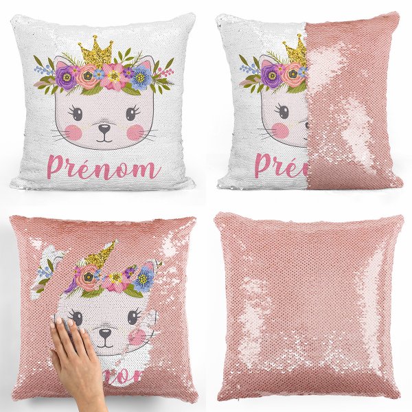 coussin pillow mermaid à sequin magique enfant reversible et personnalisable avec motif chaton princesse de couleur saumon