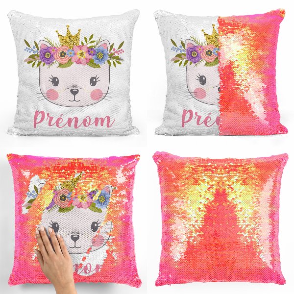 coussin pillow mermaid à sequin magique enfant reversible et personnalisable avec motif chaton princesse de couleur orange nacré