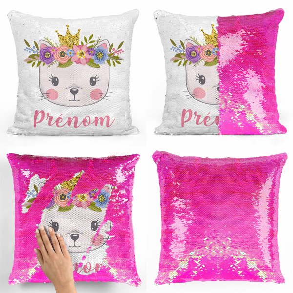 coussin pillow mermaid à sequin magique enfant reversible et personnalisable avec motif chaton princesse de couleur rose nacré