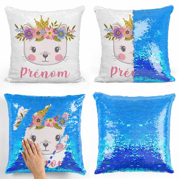 coussin pillow mermaid à sequin magique enfant reversible et personnalisable avec motif chaton princesse de couleur bleu nacré