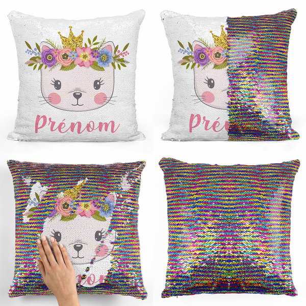 coussin pillow mermaid à sequin magique enfant reversible et personnalisable avec motif chaton princesse de couleur multicolore