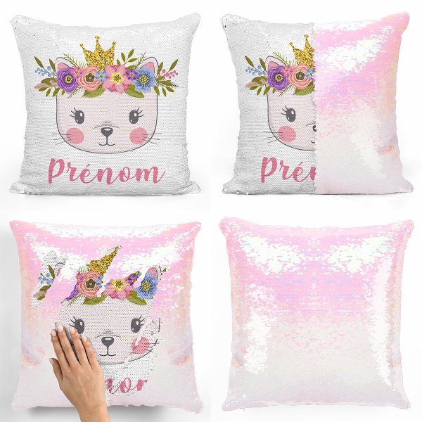 coussin pillow mermaid à sequin magique enfant reversible et personnalisable avec motif chaton princesse de couleur blanc nacré