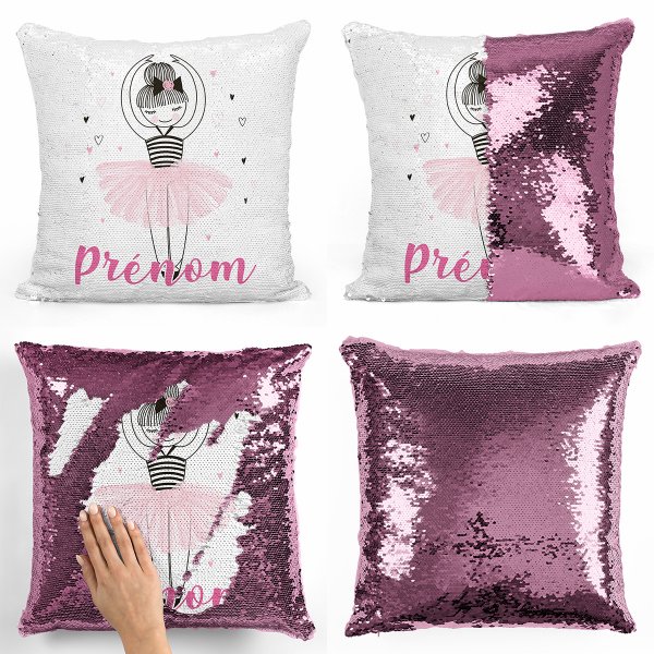 coussin pillow mermaid à sequin magique enfant reversible et personnalisable avec motif danseuse coeurs de couleur rose clair