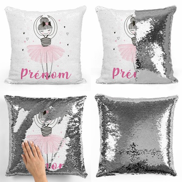 coussin pillow mermaid à sequin magique enfant reversible et personnalisable avec motif danseuse coeurs de couleur argent