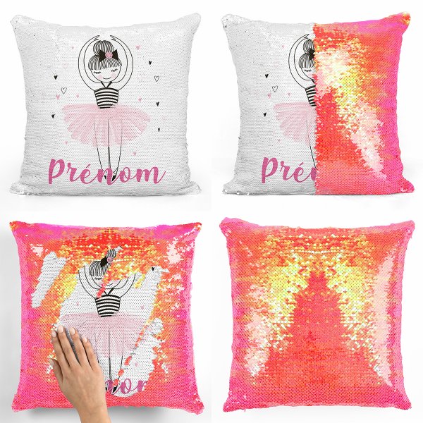 coussin pillow mermaid à sequin magique enfant reversible et personnalisable avec motif danseuse coeurs de couleur orange nacré