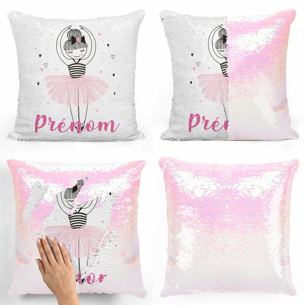 coussin pillow mermaid à sequin magique enfant reversible et personnalisable avec motif danseuse coeurs de couleur blanc nacré