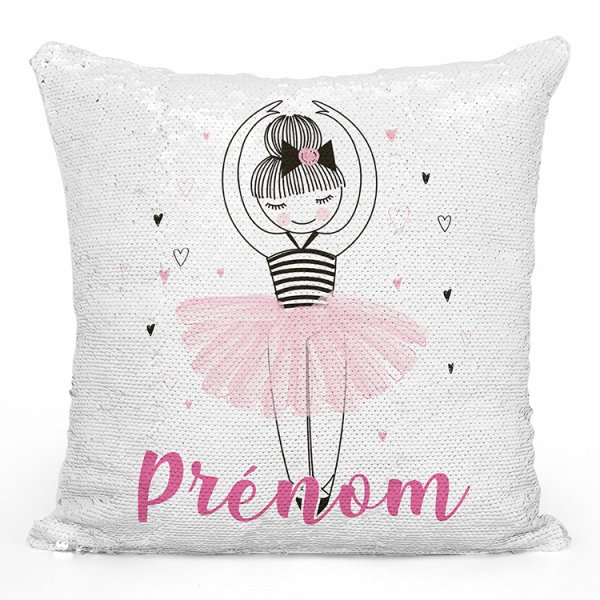 coussin pillow mermaid à sequin magique enfant reversible et personnalisable avec motif danseuse coeurs