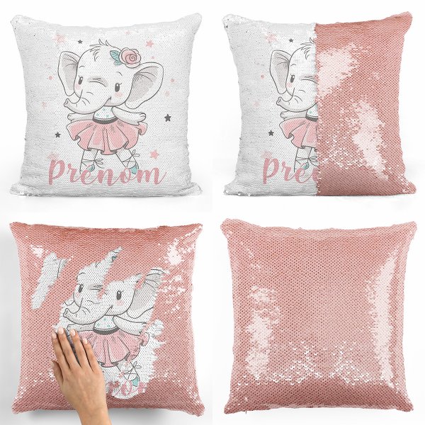 coussin pillow mermaid à sequin magique enfant reversible et personnalisable avec motif danseuse éléphante de couleur saumon