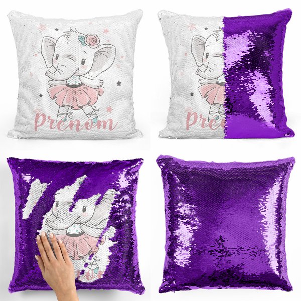 coussin pillow mermaid à sequin magique enfant reversible et personnalisable avec motif danseuse éléphante de couleur violet