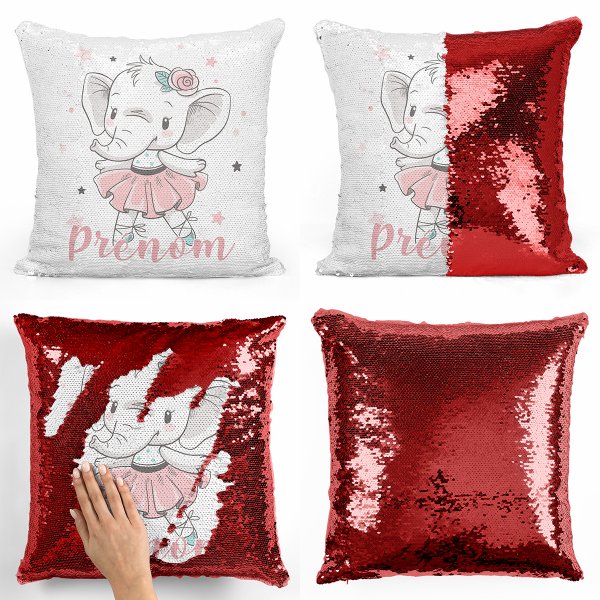 coussin pillow mermaid à sequin magique enfant reversible et personnalisable avec motif danseuse éléphante de couleur rouge