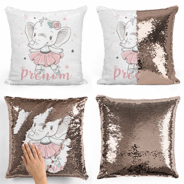 coussin pillow mermaid à sequin magique enfant reversible et personnalisable avec motif danseuse éléphante de couleur champagne