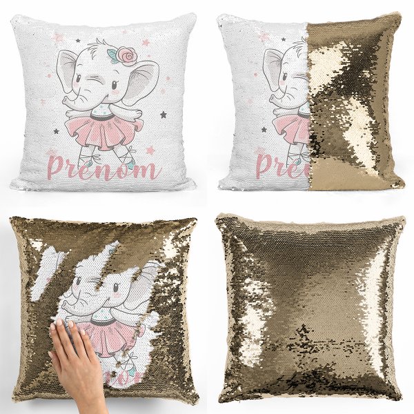 coussin pillow mermaid à sequin magique enfant reversible et personnalisable avec motif danseuse éléphante de couleur or doré