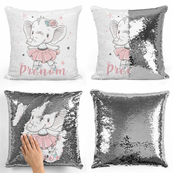 coussin pillow mermaid à sequin magique enfant reversible et personnalisable avec motif danseuse éléphante de couleur argent