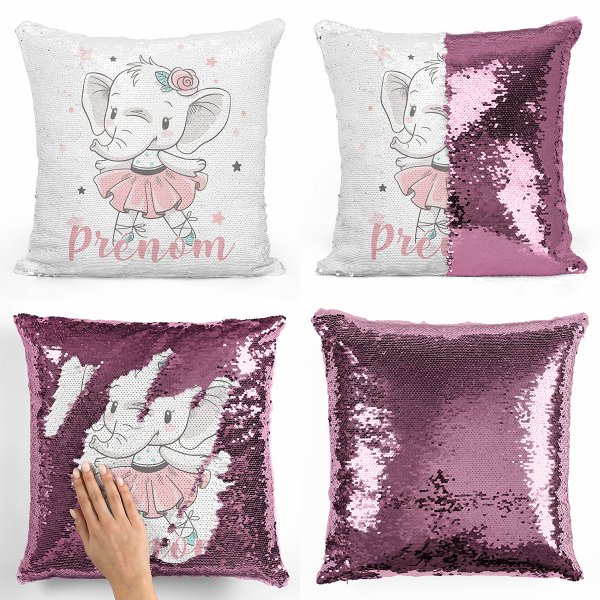 coussin pillow mermaid à sequin magique enfant reversible et personnalisable avec motif danseuse éléphante de couleur rose clair