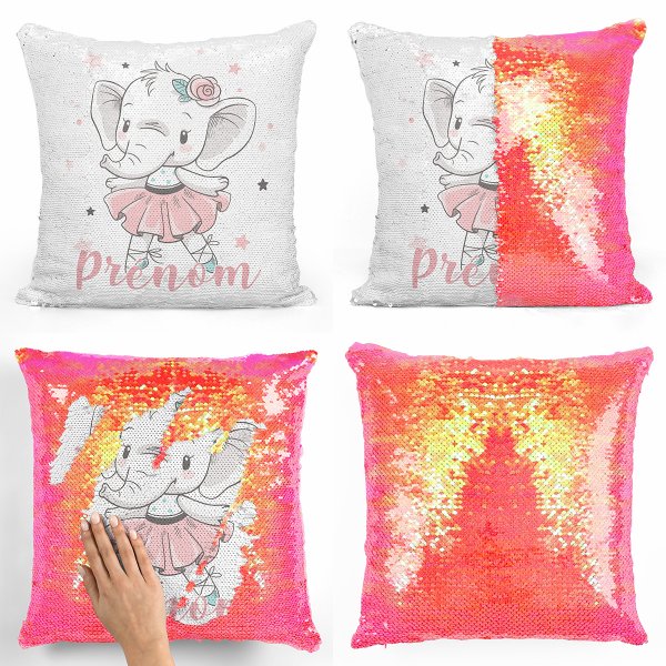 coussin pillow mermaid à sequin magique enfant reversible et personnalisable avec motif danseuse éléphante de couleur orange nacré