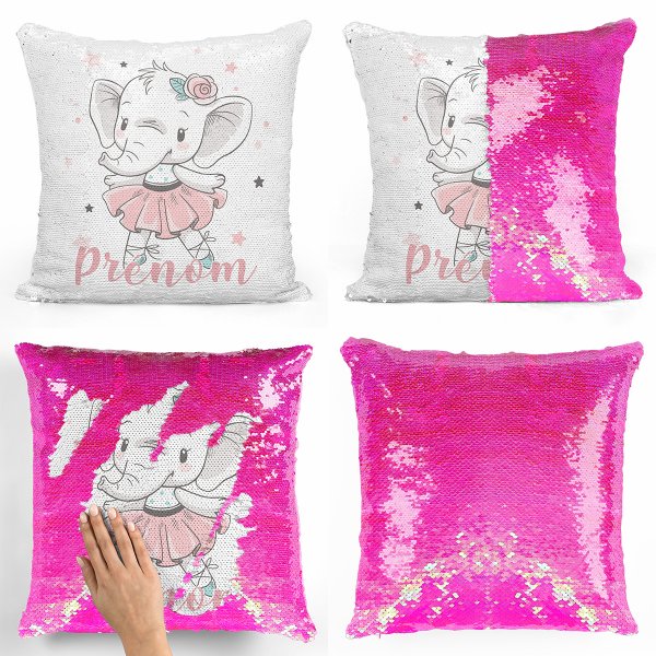 coussin pillow mermaid à sequin magique enfant reversible et personnalisable avec motif danseuse éléphante de couleur rose nacré
